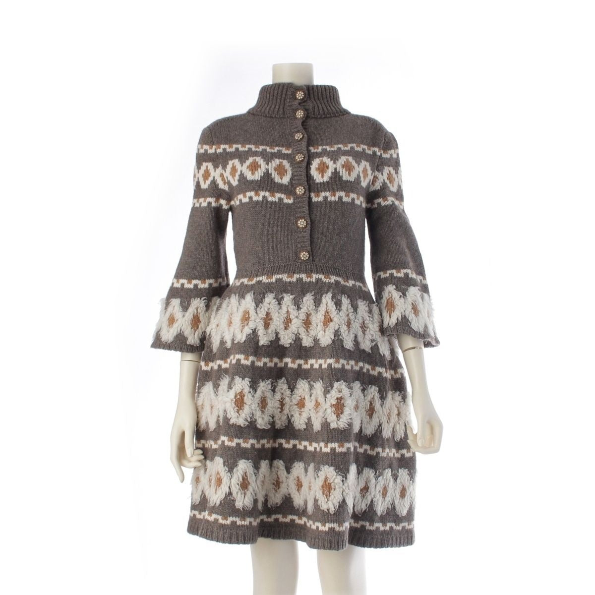 Chanel Wool Yak Cashmere Fleece Knit Dress High Neck Gray Brown 34