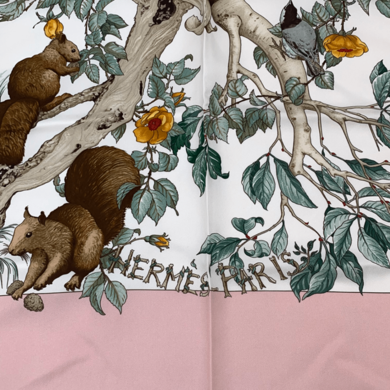 Hermes Carre 90 U Coeur DES BOIS In The Woods Pink 100% Silk Scarf