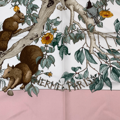Hermes Carre 90 U Coeur DES BOIS In The Woods Pink 100% Silk Scarf