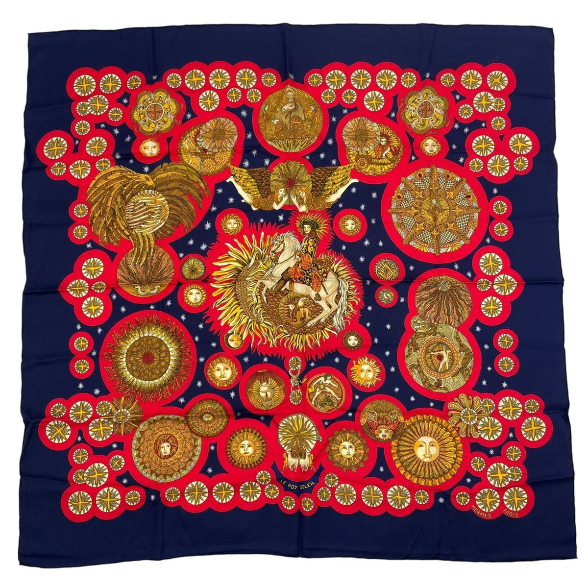 Hermes Scarf Silk Carre 90 le Roy Soleil Sun King Navy