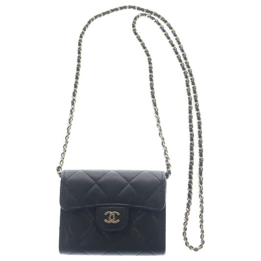 Chanel Quilted Chain Wallet Mini Shoulder Caviar Leather Black Gold
