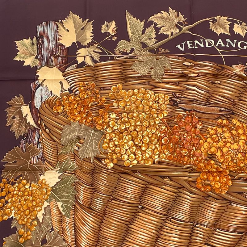 Hermes Carre 90 Scarf Vendanges Grape Harvest Pattern Brown 100% Silk