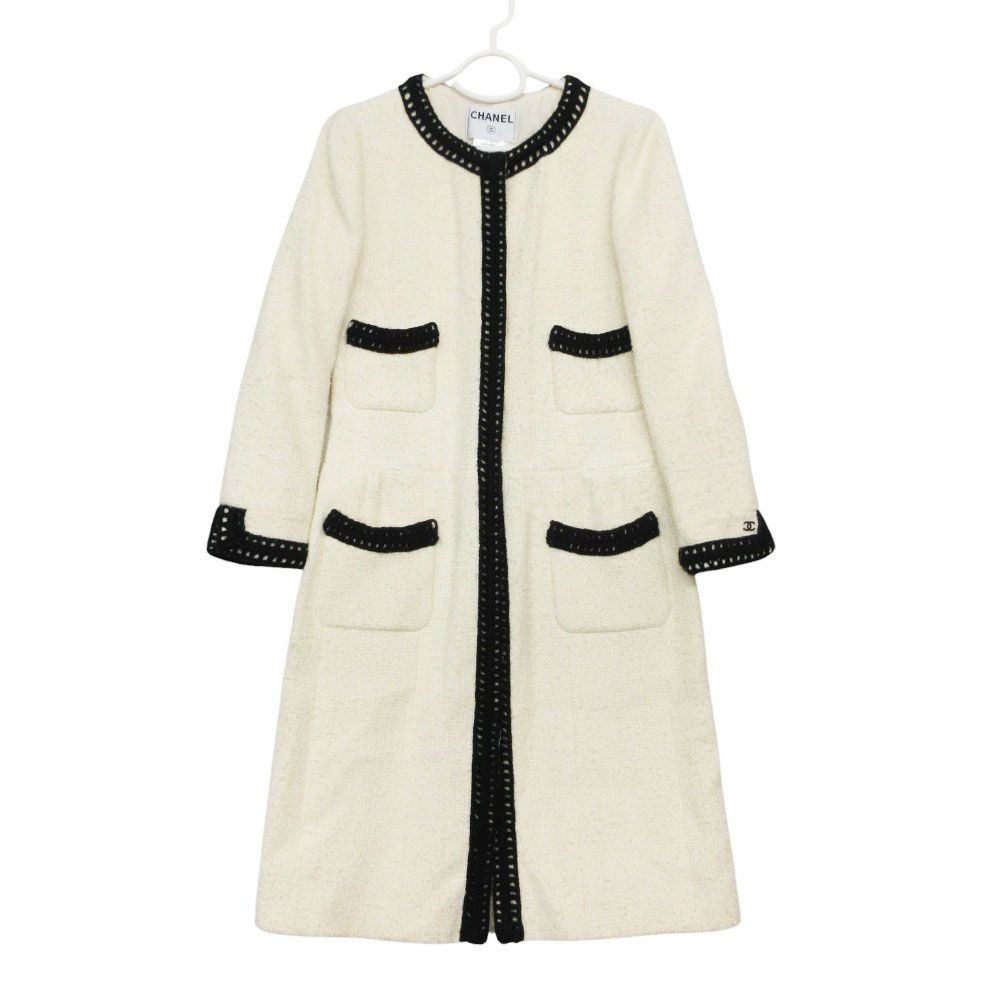 Chanel Bicolor Tweed Coat White 36