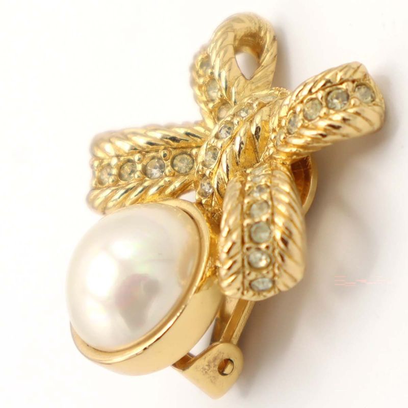 Christian DIOR Earrings Ribbon Faux Pearl Gold Color Accessories Women H1745