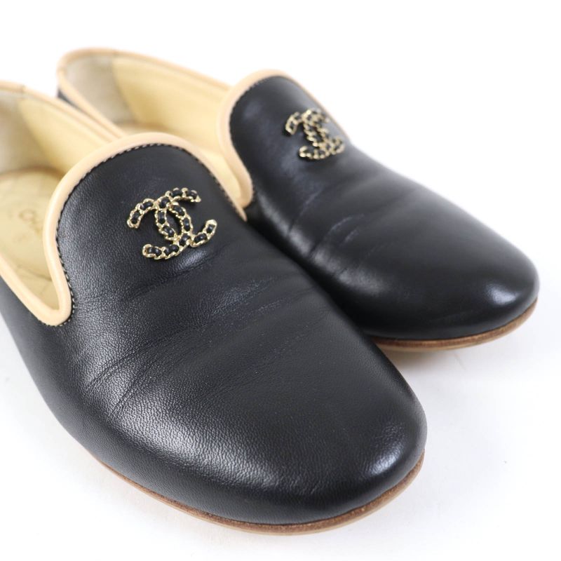 CHANEL 17G G31630 Flat Leather Shoes With Coco Mark Black Beige 34.5 With Box