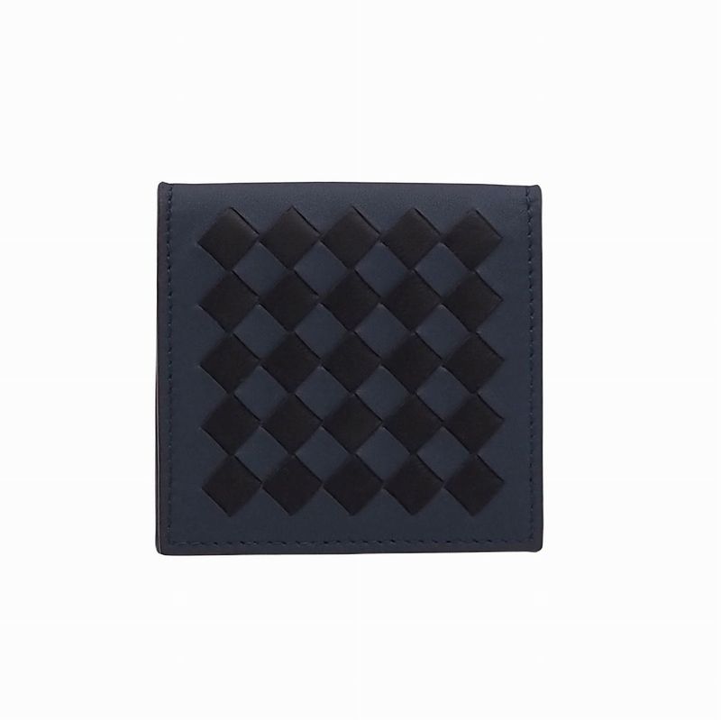 Bottega Veneta Intrecciato Calfskin Black Deep Blue Folding Coin Purse Coin
