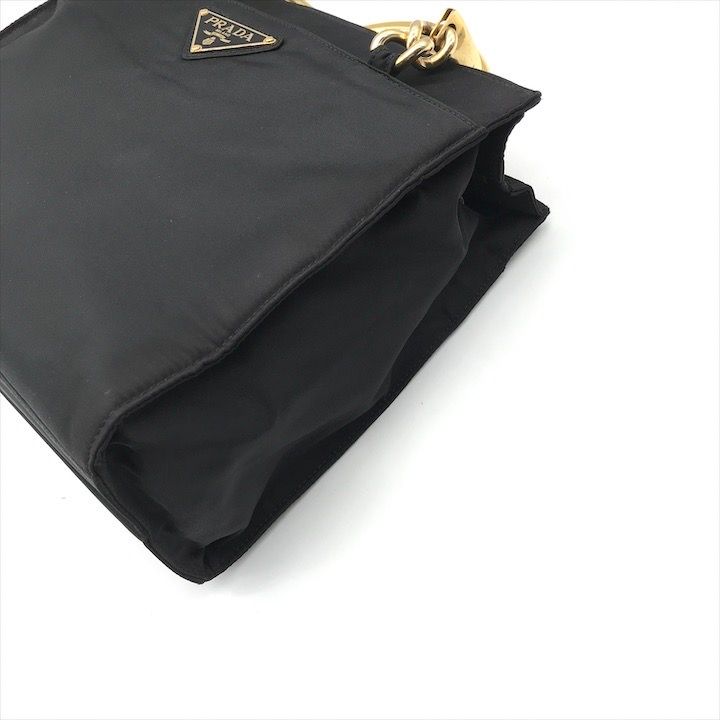 Prada Triangle Logo Nylon Tessuto Metal Handle Hand Bag Black Gold