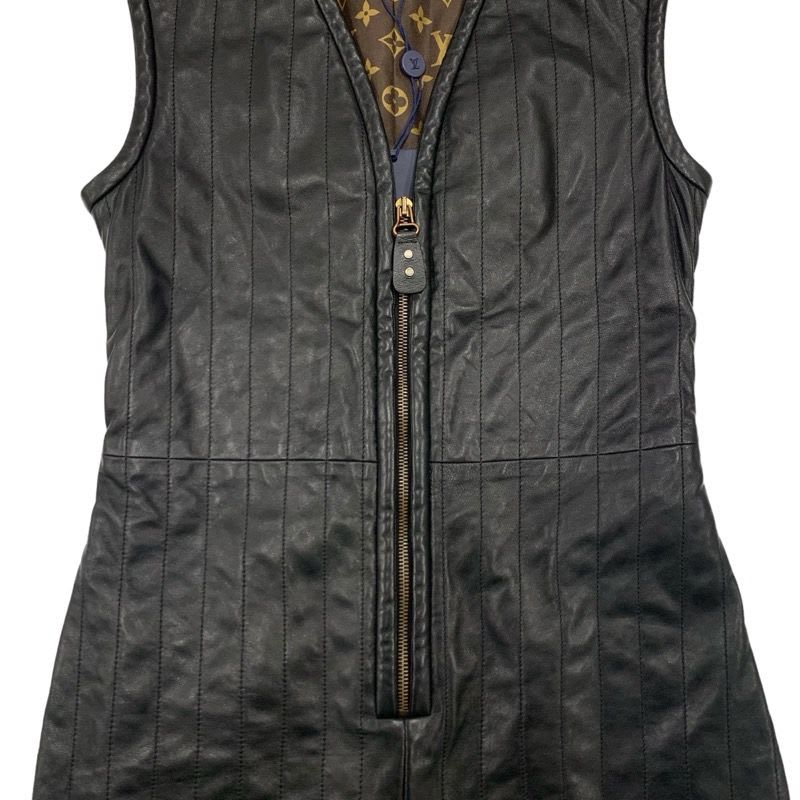 Louis Vuitton Pinstripe Leather Fitted Dress Sleeveless Monogram Black