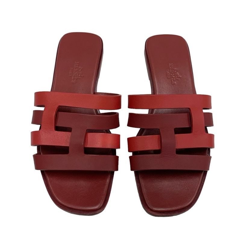 Hermes Amica Sandals Shoes Leather Wine Red Flat Sandals Mules