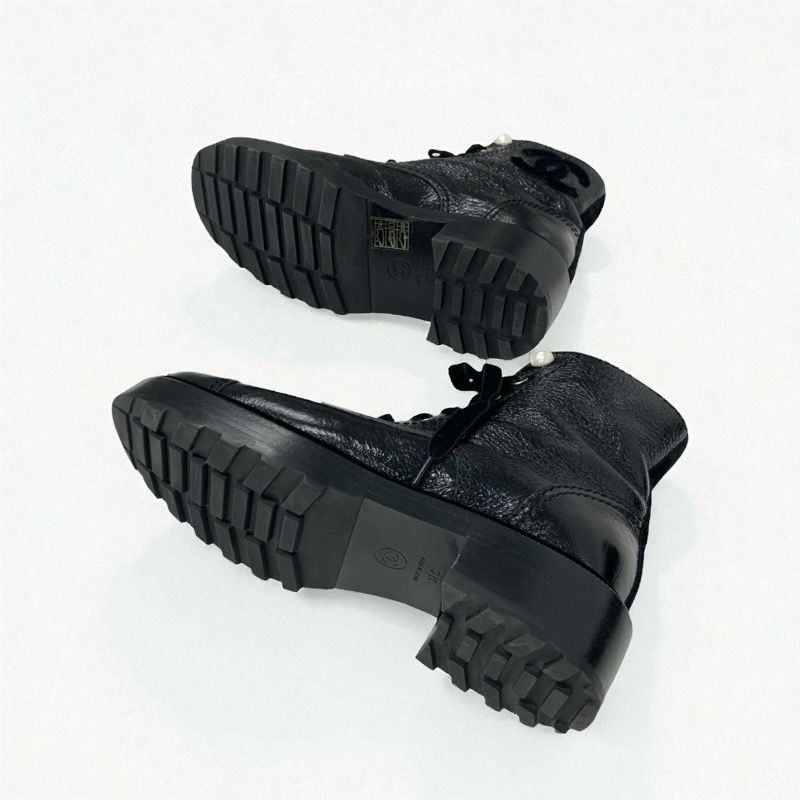 Chanel Boots Short Boots Shoes Leather Velor Black Coco Mark Pearl Lace Up