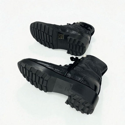 Chanel Boots Short Boots Shoes Leather Velor Black Coco Mark Pearl Lace Up