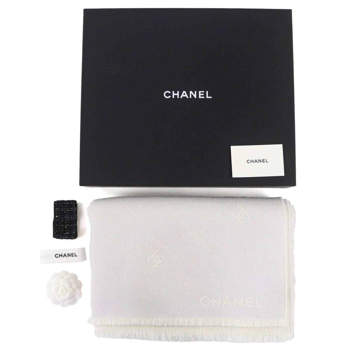 Chanel Coco Mark Quilted Design With Fringe Wool Large Shawl Gray — view 5