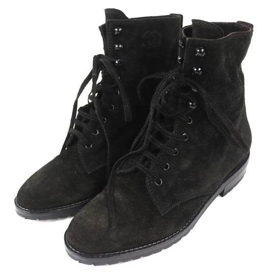 Chanel Vintage CC Logo Stitch Suede Leather Lace Up Short Boots Black 36