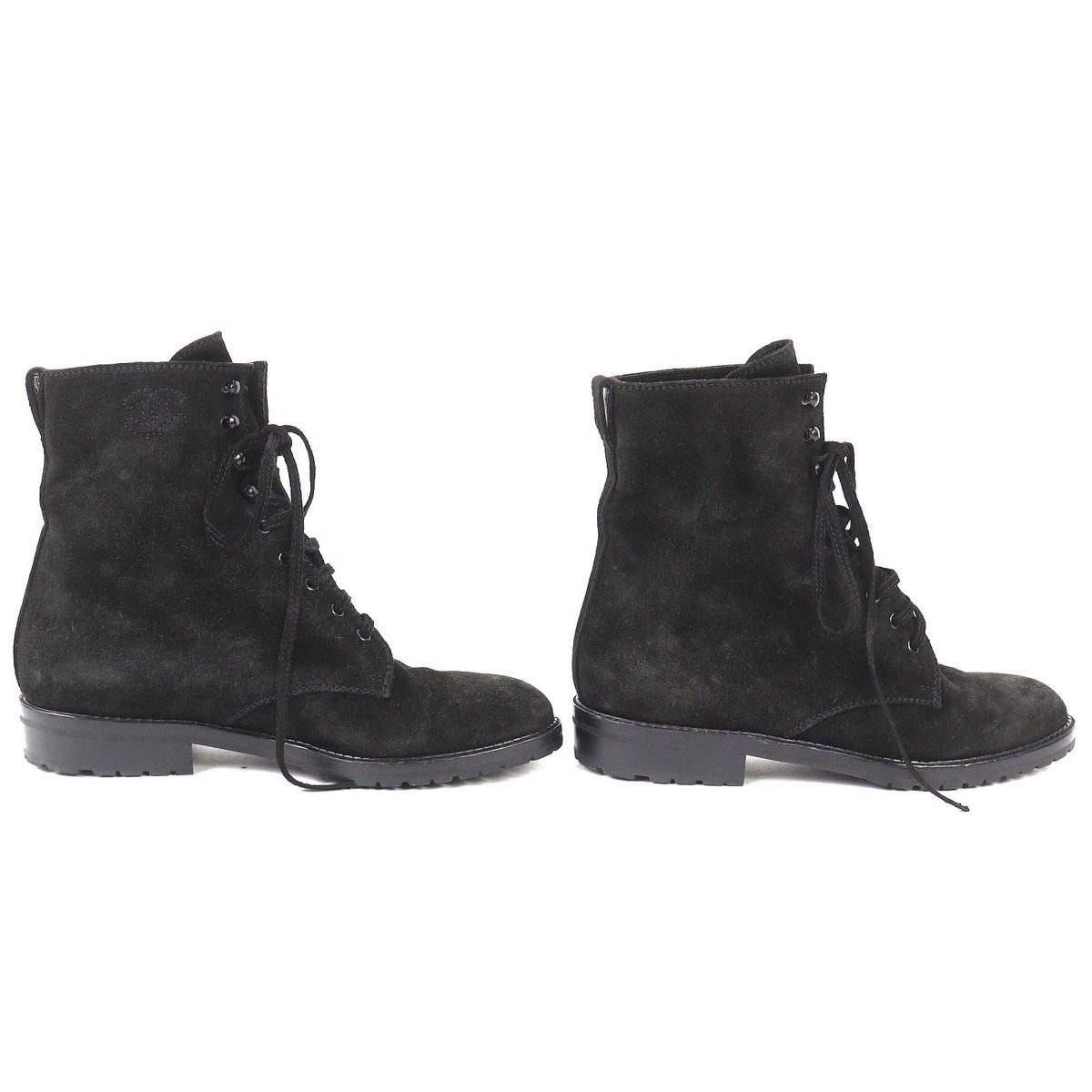 Chanel Vintage CC Logo Stitch Suede Leather Lace Up Short Boots Black 36 — view 3