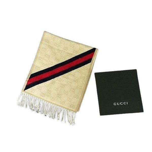 Gucci Muffler Sherry Line Ivory 100% Wool GG Pattern Scarf