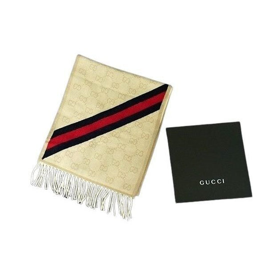 Gucci Muffler Sherry Line Ivory 100% Wool GG Pattern Scarf