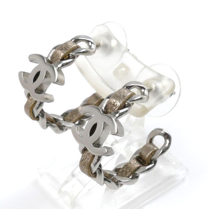 Chanel Metal Leather Coco Mark Hoop Earrings Ladies Pre-owned