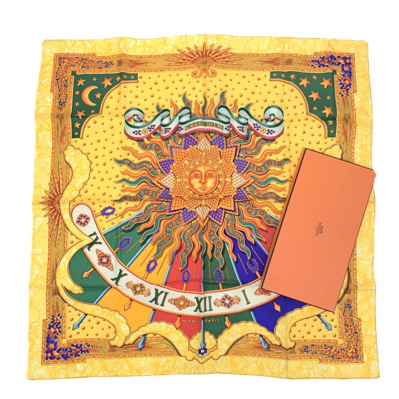 Grade Hermes Scarf Carre 90 Carpe DIEM Enjoy The Day Yellow Sun Moon Stars