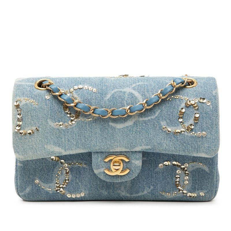 Chanel Quilted CC Logo Blue Gold Denim Sequins