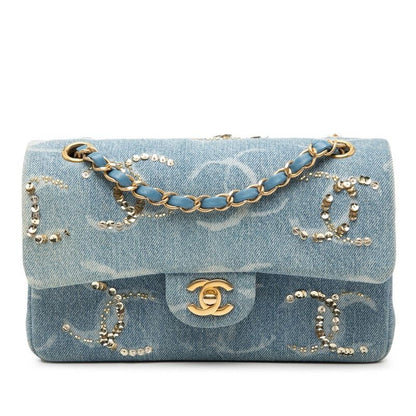 Chanel Quilted CC Logo Blue Gold Denim Sequins