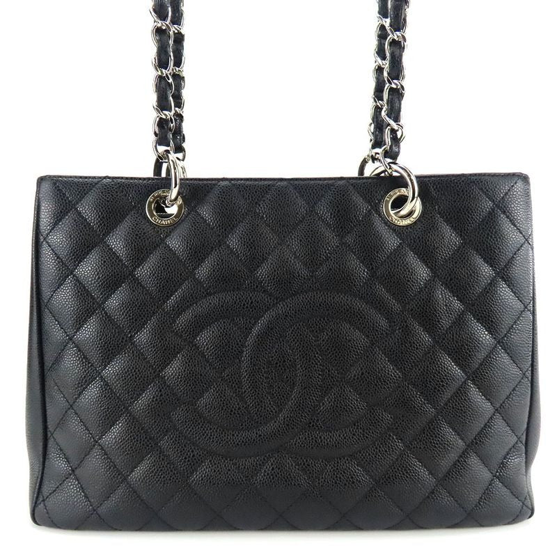 Chanel Tote Bag Grand Shopping GST Quilted Caviar Leather Black Silver Hardware Chain 14 Coco