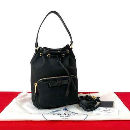 Prada Duet Logo Canvas Leather Drawstring 2-Way Handbag Shoulder