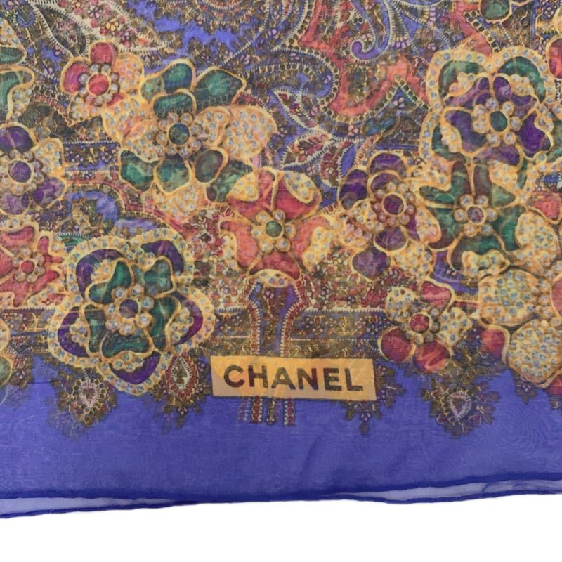 Chanel Gripoa Pattern Large Silk Scarf Jeweled Blue X Multicolor