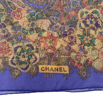 Chanel Gripoa Pattern Large Silk Scarf Jeweled Blue X Multicolor