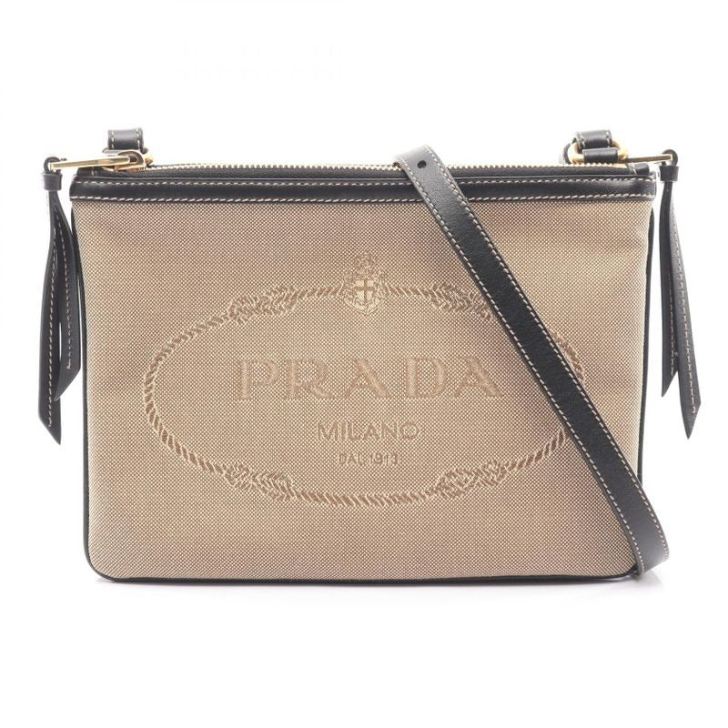 Prada Shoulder Bag Logo Jacquard Beige Black Canvas Leather