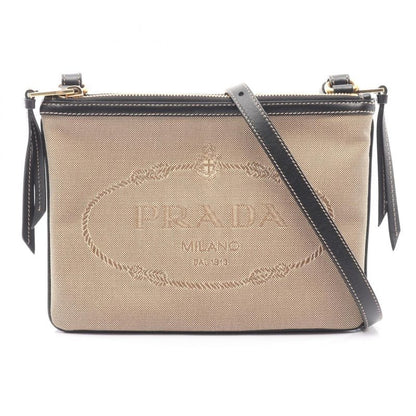 Prada Shoulder Bag Logo Jacquard Beige Black Canvas Leather