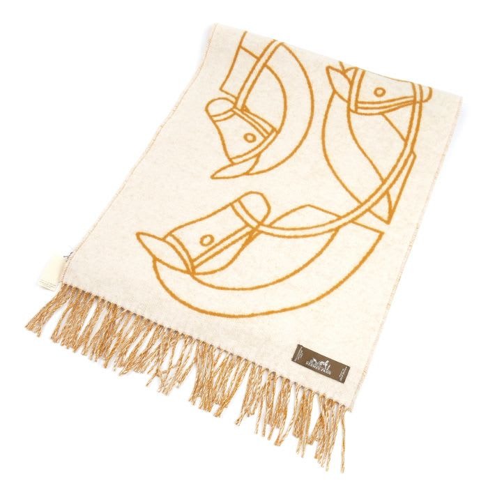 Hermes Entrelac Equestre Muffler Ivory Jaune Au-cles S 03 Scarf