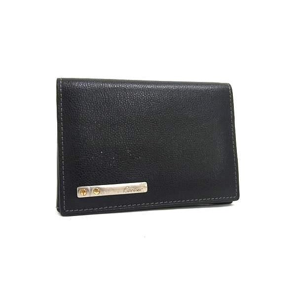 Cartier Card Case Santos Black Leather Silver Hardware