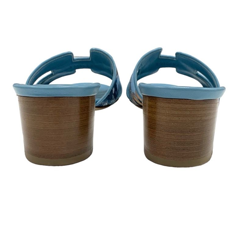 Hermes Oasis Sandals Shoes Canvas Leather Light Blue Multicolor Mule Pattern