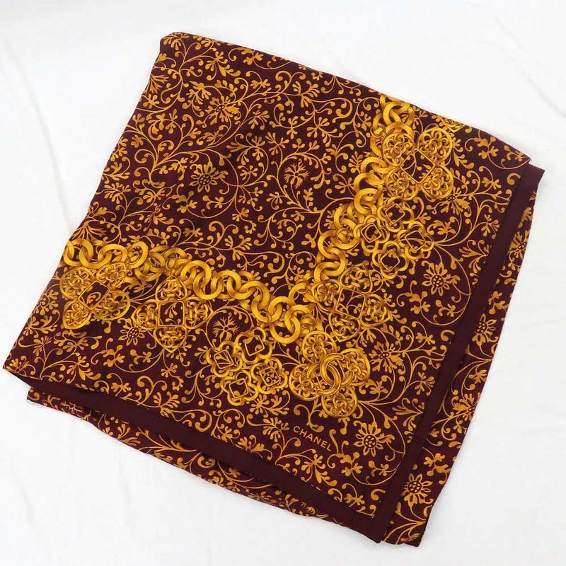 Chanel Large Shawl Chain Pattern Coco Mark Wool Silk Gold Bold - 135cm