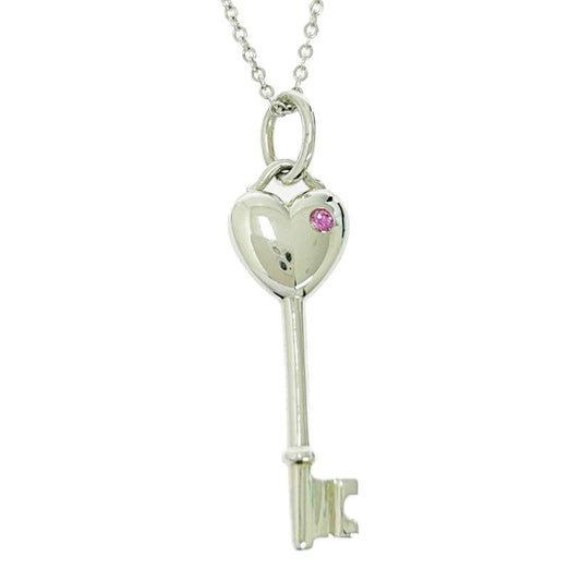Tiffany & Co Silver Pink Sapphire Heart Key 1 P Necklace 3.2 g 925 Engraved