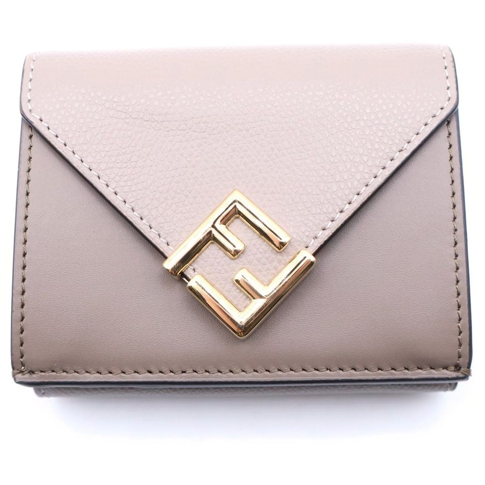 Fendi FF Diamond Compact Wallet Trifold Coin Case Beige Leather Gold