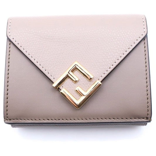 Fendi FF Diamond Compact Wallet Trifold Coin Case Beige Leather Gold