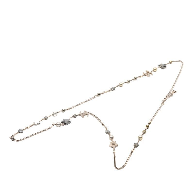 Chanel CC Logo Star Long Necklace Silver Metal Faux Pearl