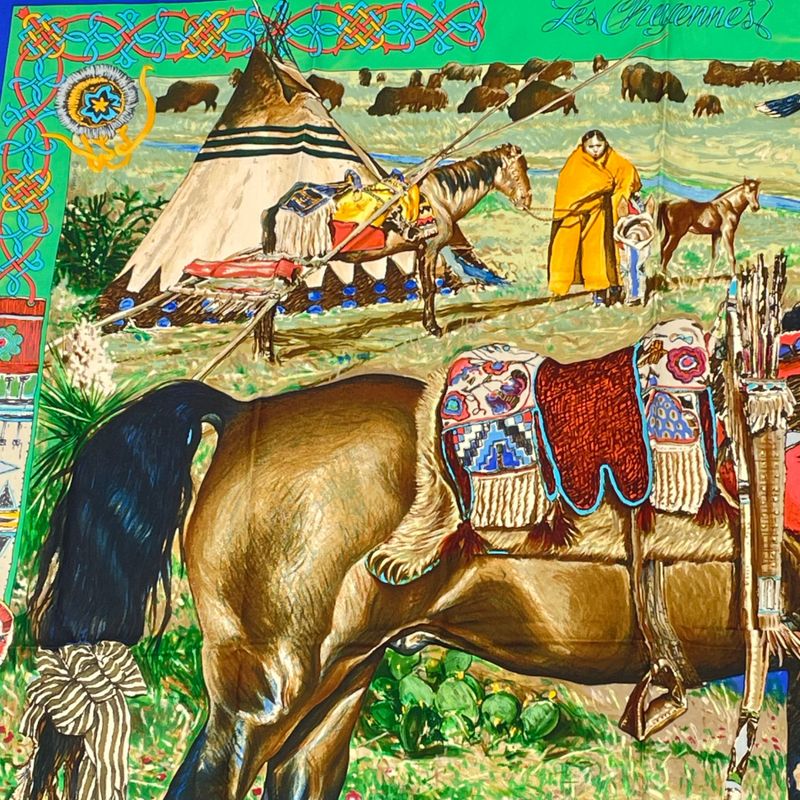 Hermes Les Cheyennes Cheyenne Carre 90 Silk Navy Multicolor