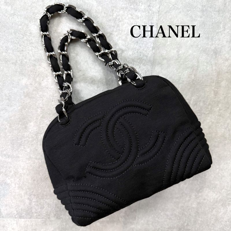 Chanel Chain Shoulder Bag Coco Mark Cotton Jersey Black Silver Hardware Deca