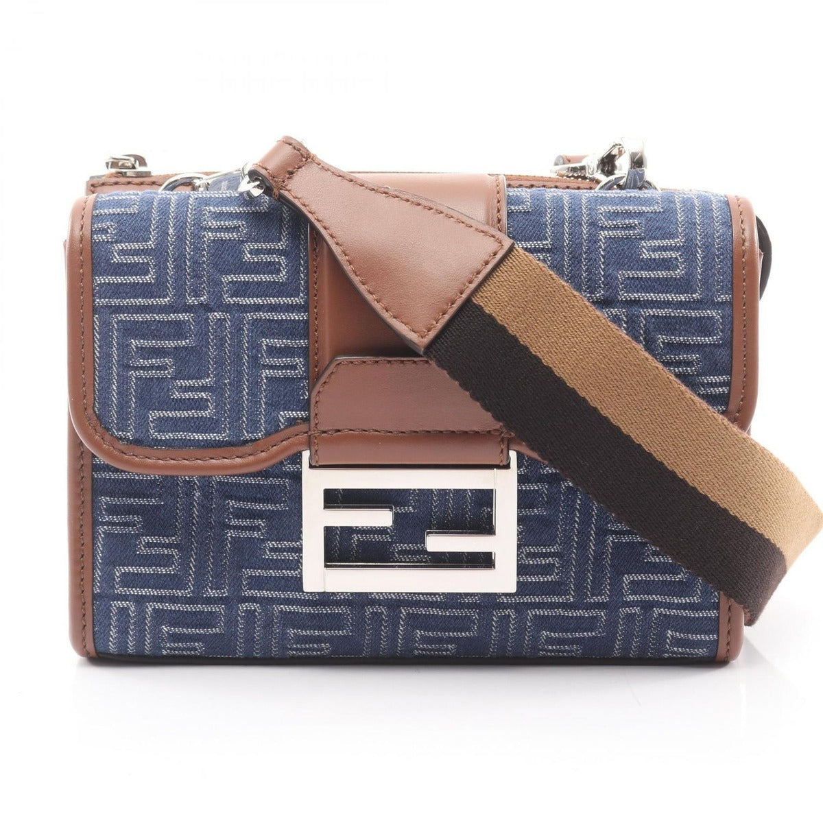Fendi Shoulder Bag Double Baguette Zucca Denim Blue Canvas