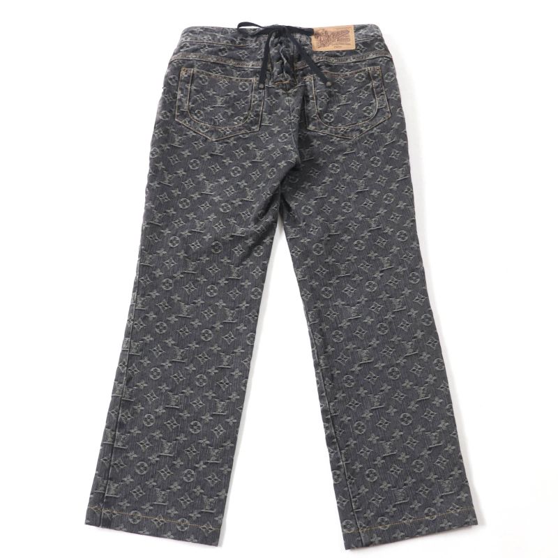 Louis Vuitton 100% Cotton Monogram Denim Pants With Logo Button Indigo Black 38