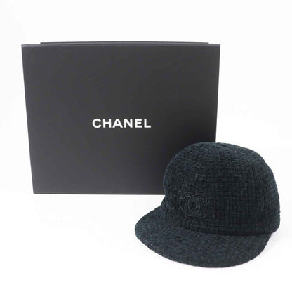 CHANEL 22B Aa8562 Coco Mark Fantasy Tweed Cap Hat Black Lame M With Box Made