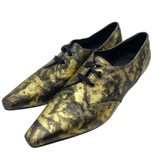 Chanel Loafers Metallic Oxford Coco Mark Logo Leather Shoes Gold Brown