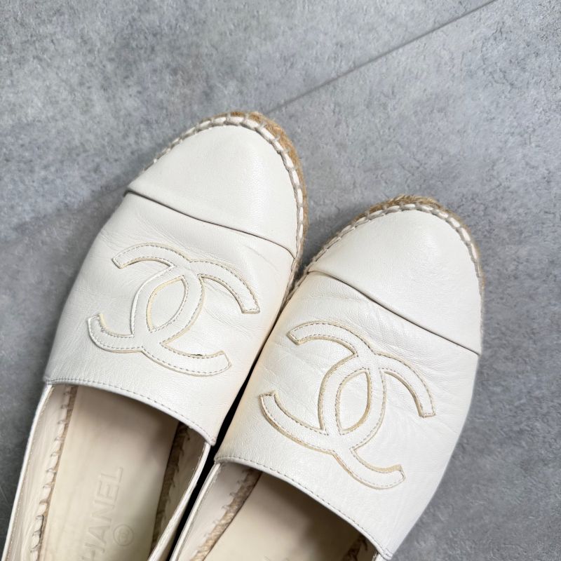 Chanel Espadrille Coco Mark Flat Shoes Leather White 37 24cm (9.45in) Women's