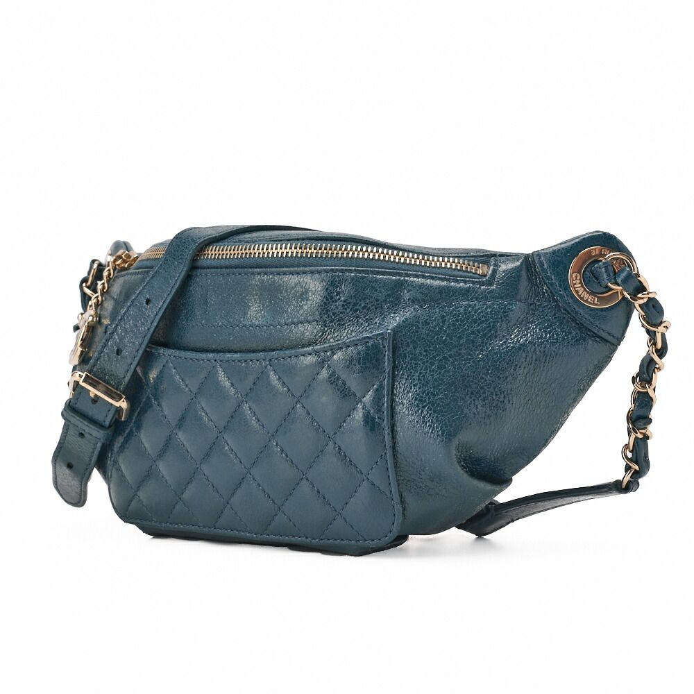 Chanel Waist Bag Matelasse Lambskin With Coco Charm Blue Gold Hardware Ladies