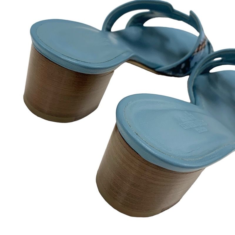 Hermes Oasis Sandals Shoes Canvas Leather Light Blue Multicolor Mule Pattern