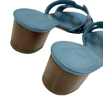 Hermes Oasis Sandals Shoes Canvas Leather Light Blue Multicolor Mule Pattern