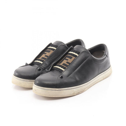Fendi Slip Ons FF Logo Black Leather Fabric Knit Stretch Sneakers