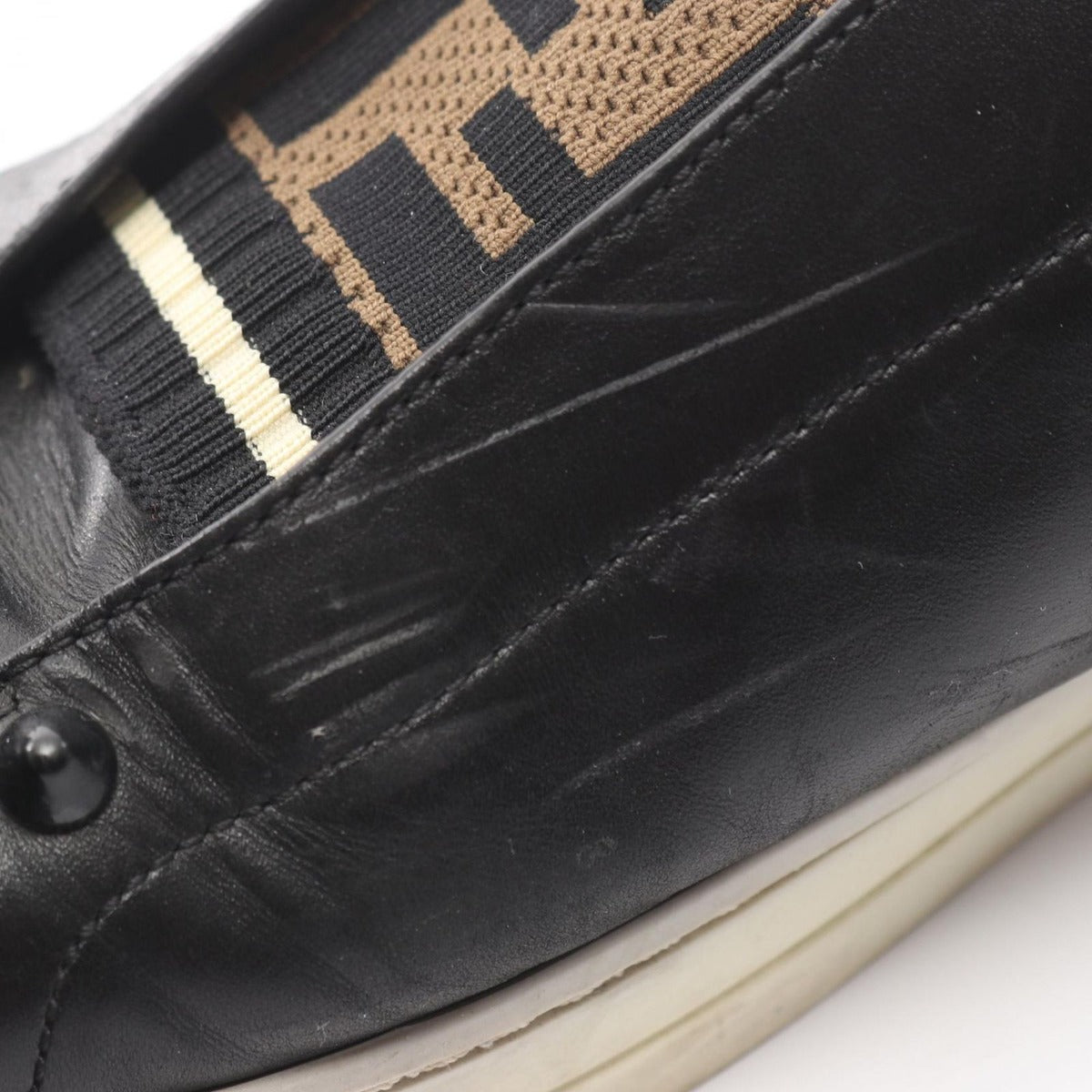 Fendi Slip Ons FF Logo Black Leather Fabric Knit Stretch Sneakers — view 9